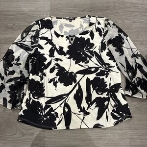 Sara Michele Ivory & Black Floral Flare Sleeve Blouse | Size L